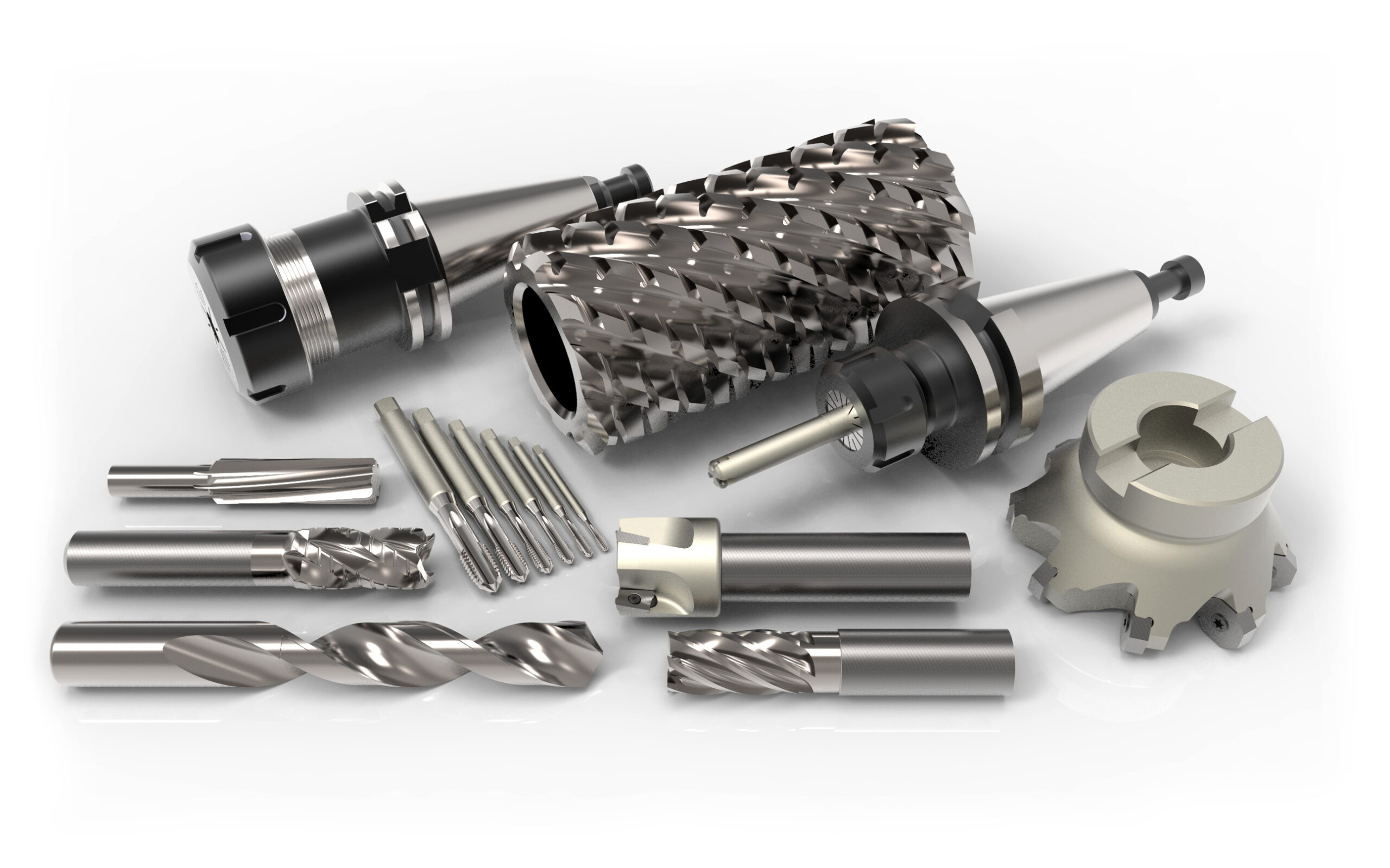 Metal milling tools for cnc machine on white background 3D rendering